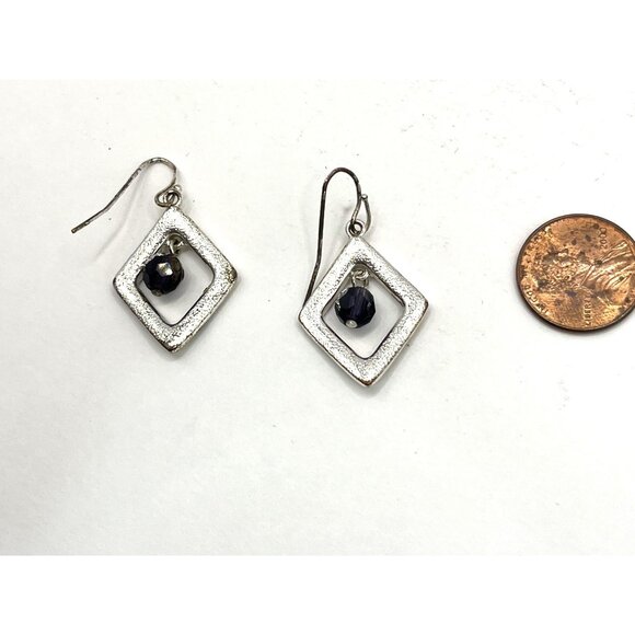 Handcrafted Silver-Tone Dangling Earrings W/ Etched Diamond Frame & Black Beads - Picture 6 of 6